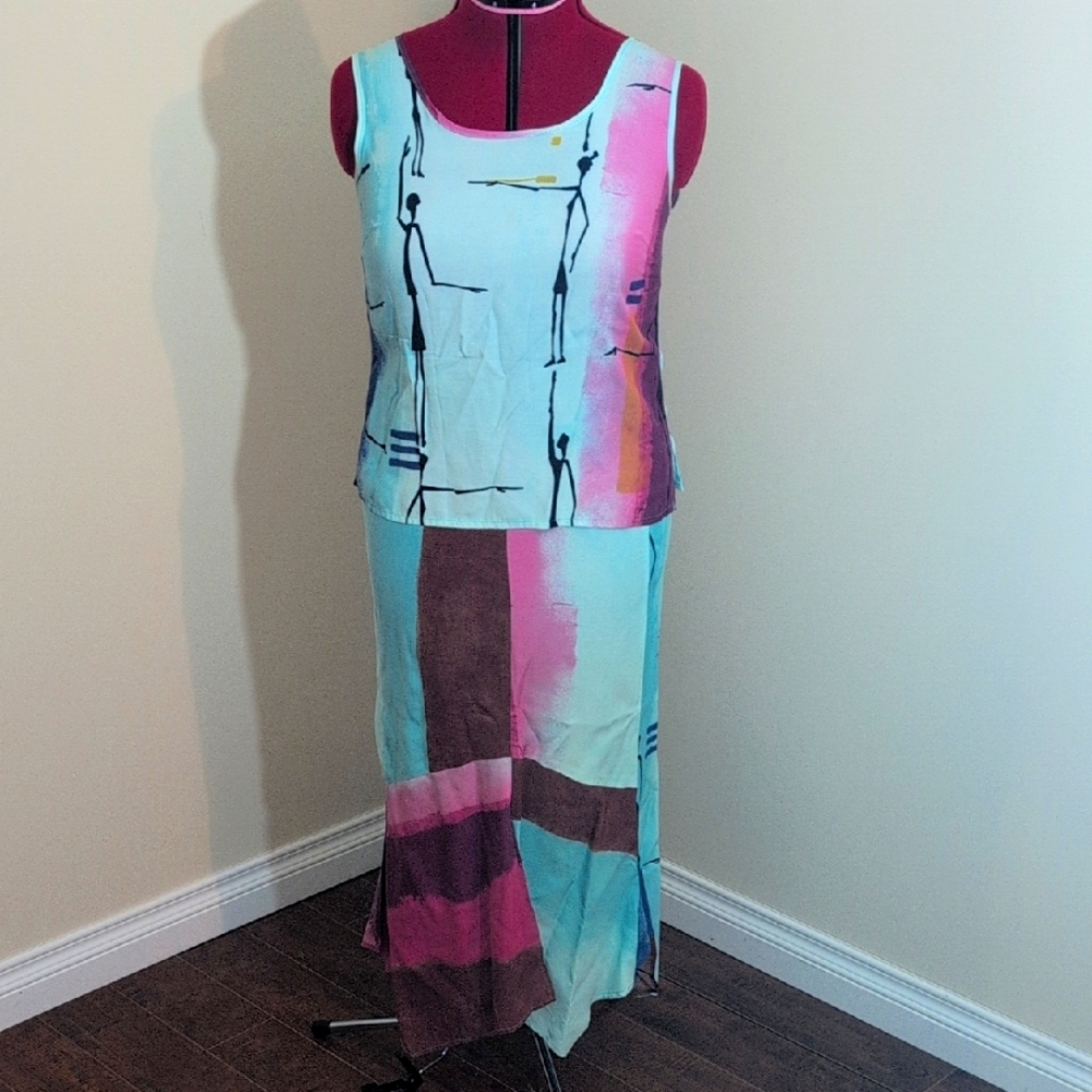 Nino Wong| Vintage Blue and Pink Tank Top And Maxi Skirt Set With Tribal Design